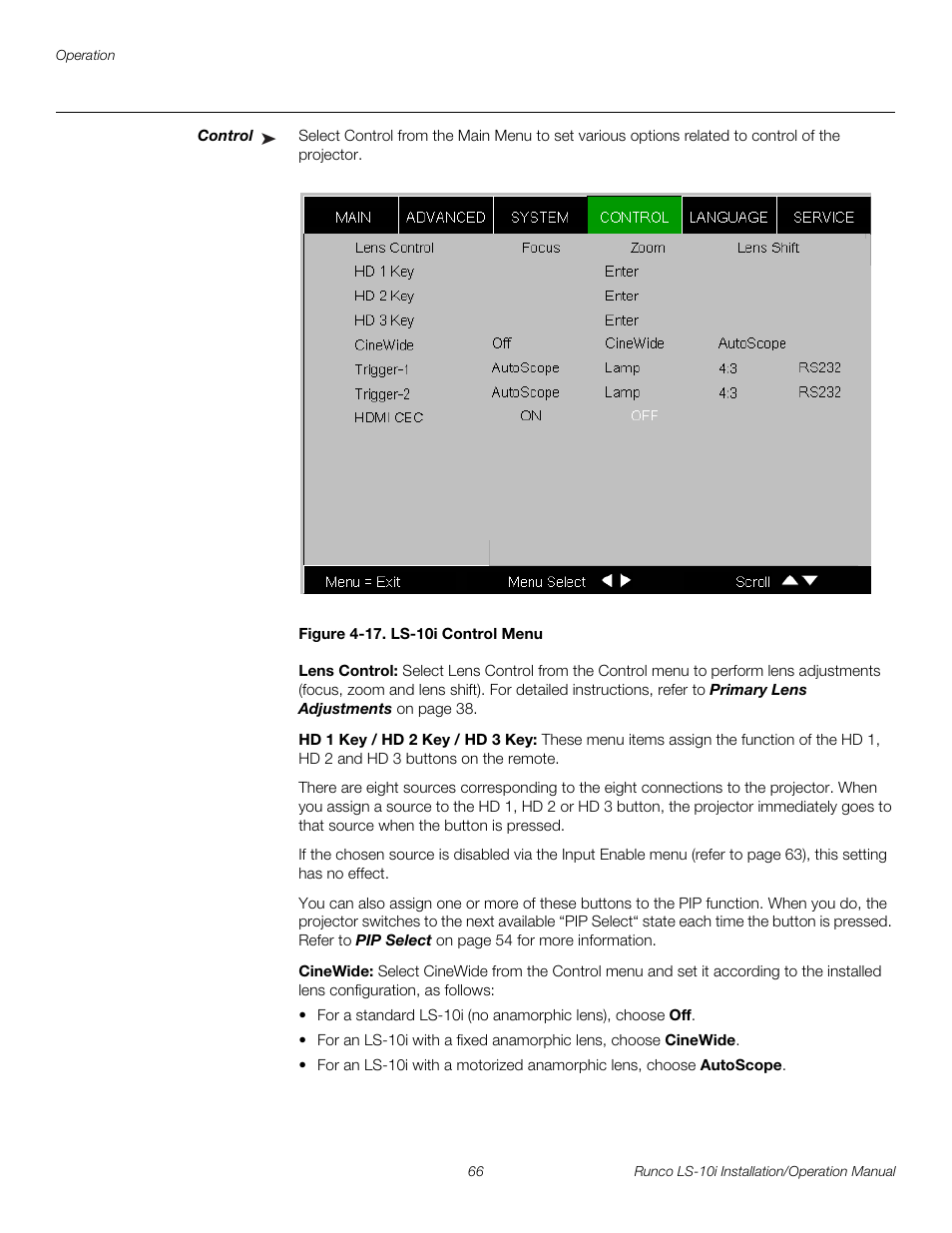 Control, Figure 4-17 . ls-10i control menu, Lens control | Hd 1 key / hd 2 key / hd 3 key, Cinewide, 17. ls-10i control menu, Pre l iminar y | Runco LIGHTSTYLE LS-10I User Manual | Page 82 / 112