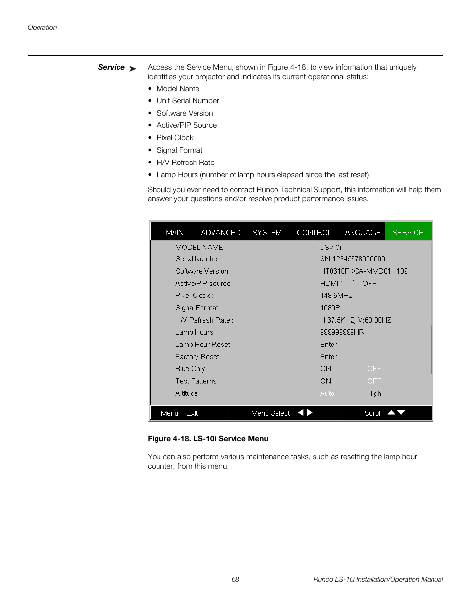 Service, Figure 4-18 . ls-10i service menu, 18. ls-10i service menu | Pre l iminar y | Runco LIGHTSTYLE LS-10I User Manual | Page 84 / 112
