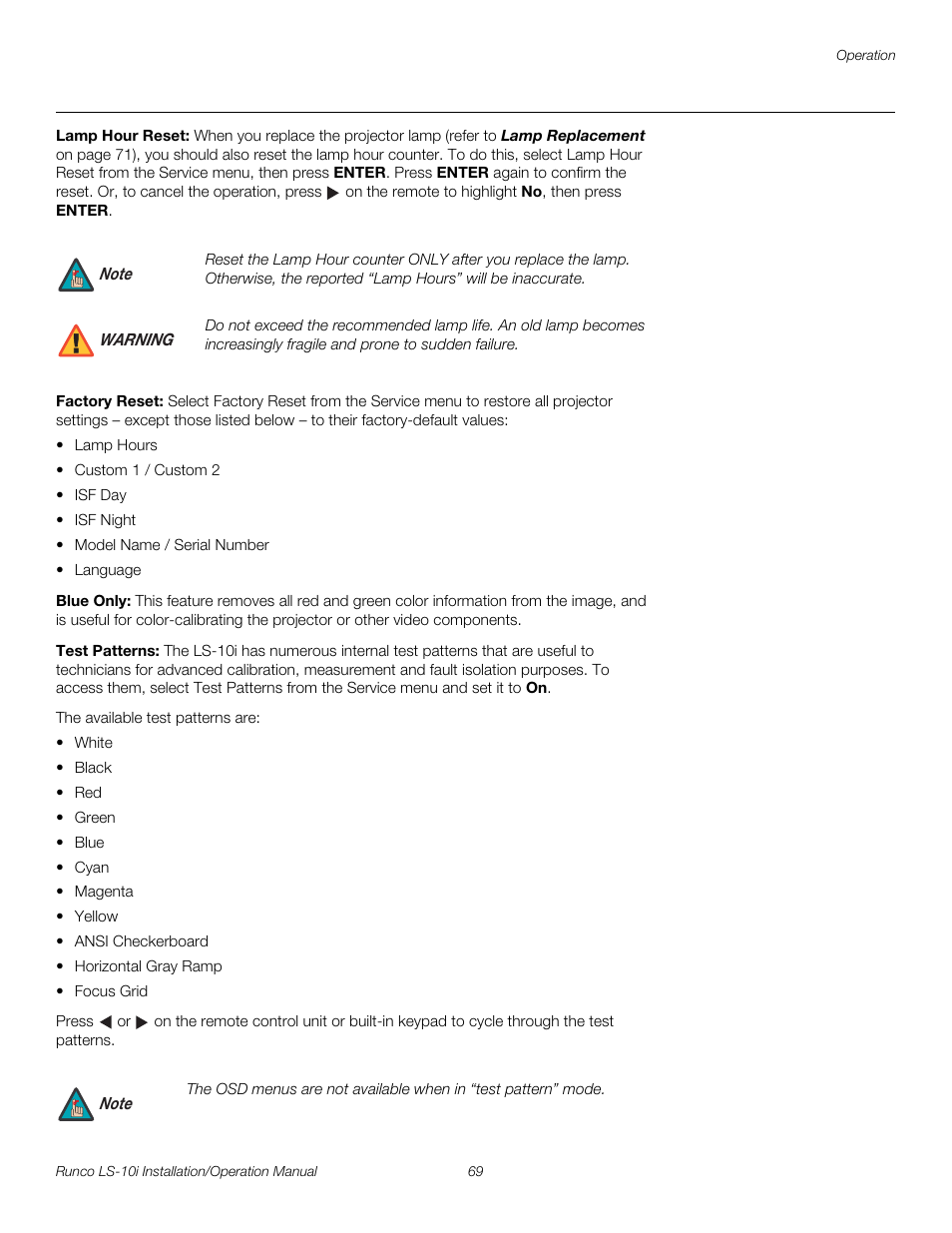 Lamp hour reset, Factory reset, Blue only | Test patterns, Pre l iminar y | Runco LIGHTSTYLE LS-10I User Manual | Page 85 / 112