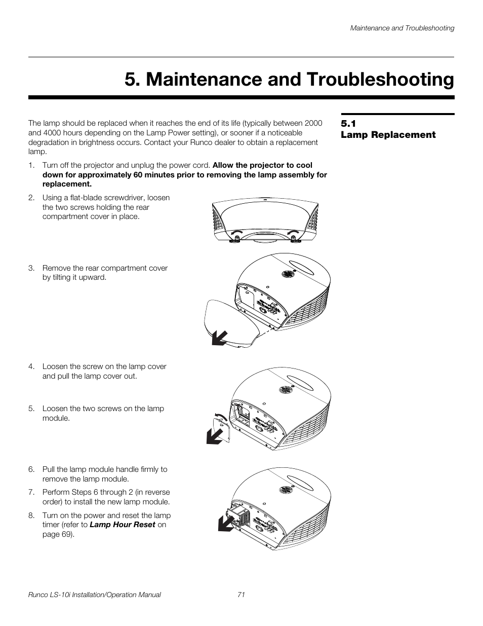 Maintenance and troubleshooting, 1 lamp replacement, Lamp replacement | Pre l iminar y | Runco LIGHTSTYLE LS-10I User Manual | Page 87 / 112