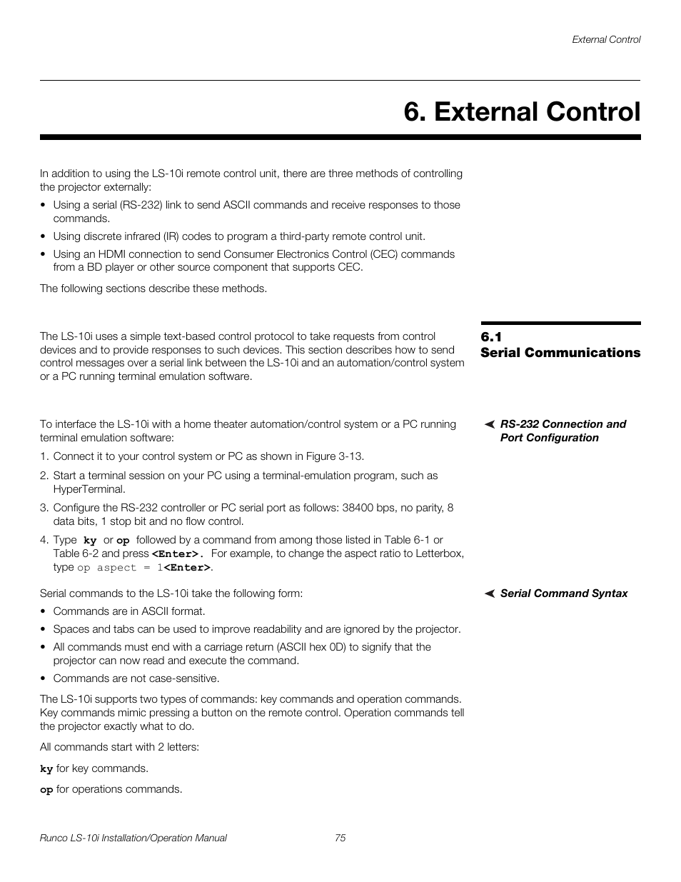 External control, 1 serial communications, Rs-232 connection and port configuration | Serial command syntax, Serial communications, Pre l iminar y | Runco LIGHTSTYLE LS-10I User Manual | Page 91 / 112