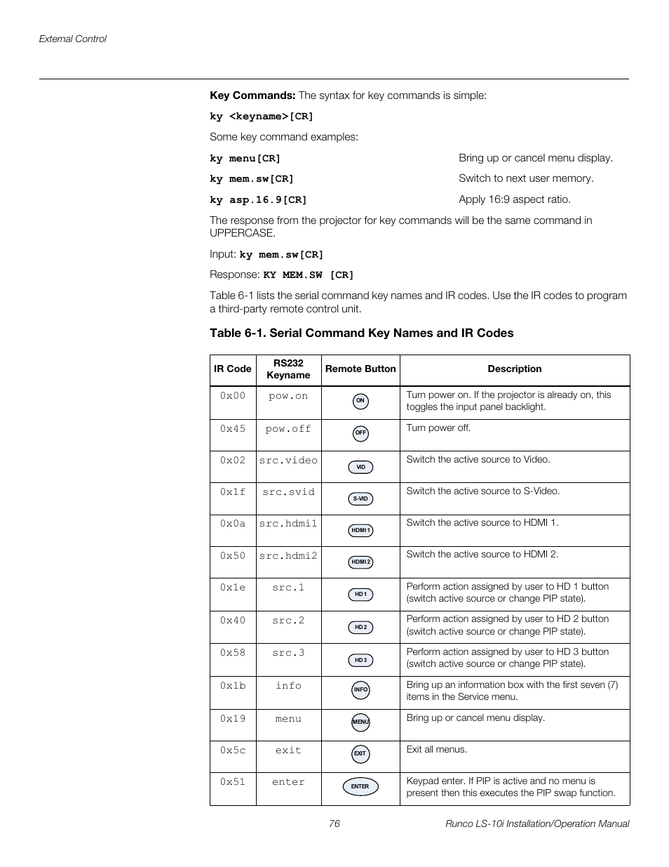 Key commands, Table 6-1 . serial command key names and ir codes, Table 6-1 or | Pre l iminar y | Runco LIGHTSTYLE LS-10I User Manual | Page 92 / 112