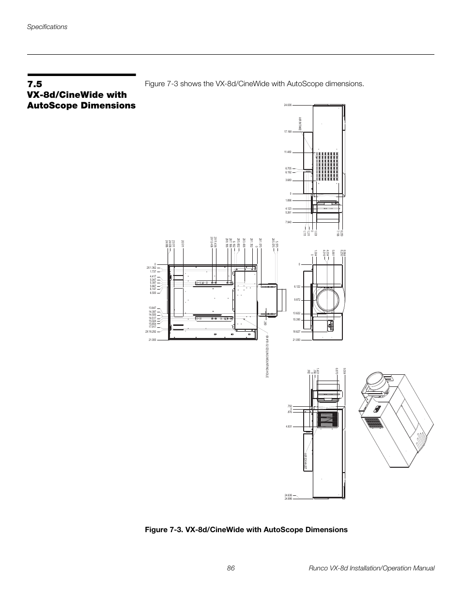 5 vx-8d/cinewide with autoscope dimensions, Vx-8d/cinewide with autoscope dimensions, 3. vx-8d/cinewide with autoscope dimensions | E figure 7-3, Preli m inary | Runco VIDEOXTREME VX-8D User Manual | Page 102 / 108