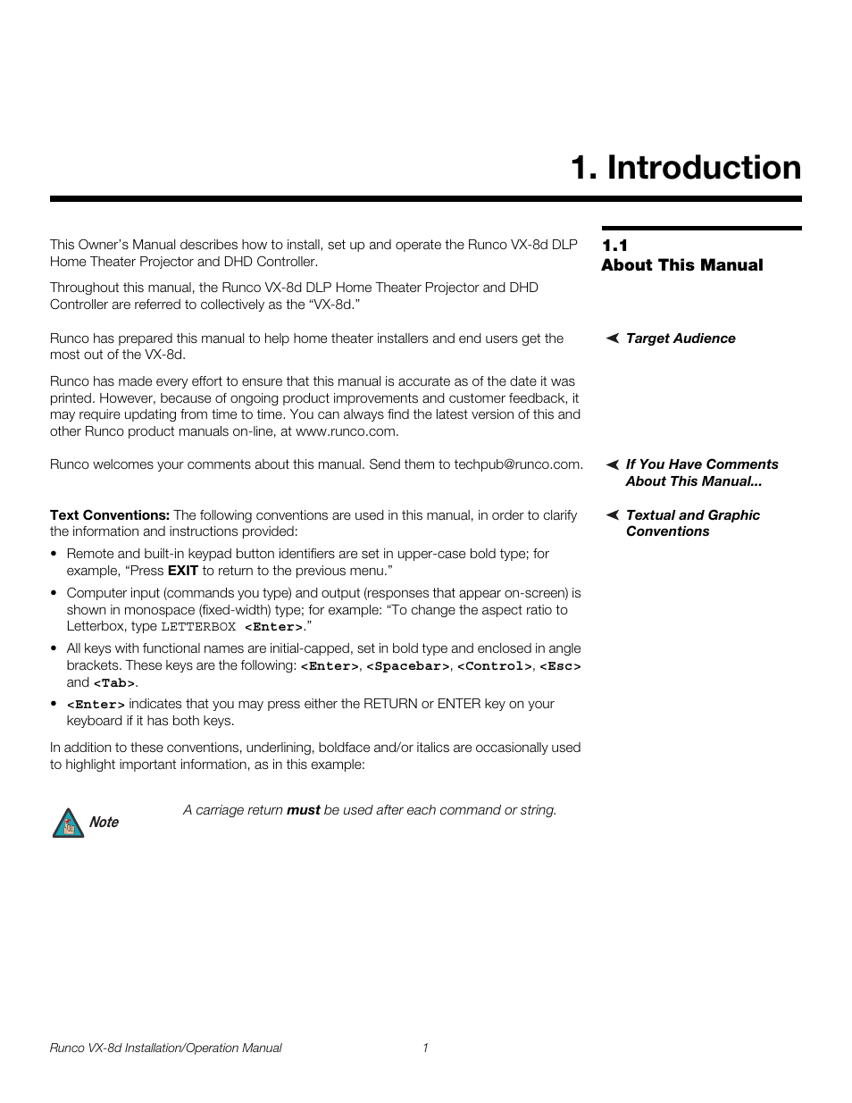 Introduction, 1 about this manual, Target audience | If you have comments about this manual, Textual and graphic conventions, Text conventions, About this manual, Pre l iminar y | Runco VIDEOXTREME VX-8D User Manual | Page 17 / 108