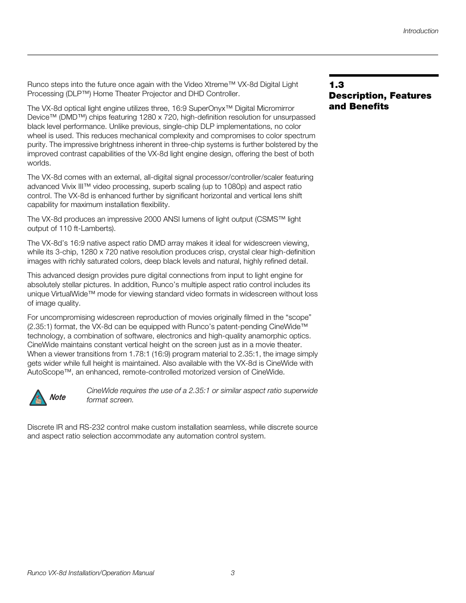 3 description, features and benefits, Description, features and benefits, Pre l iminar y | Runco VIDEOXTREME VX-8D User Manual | Page 19 / 108