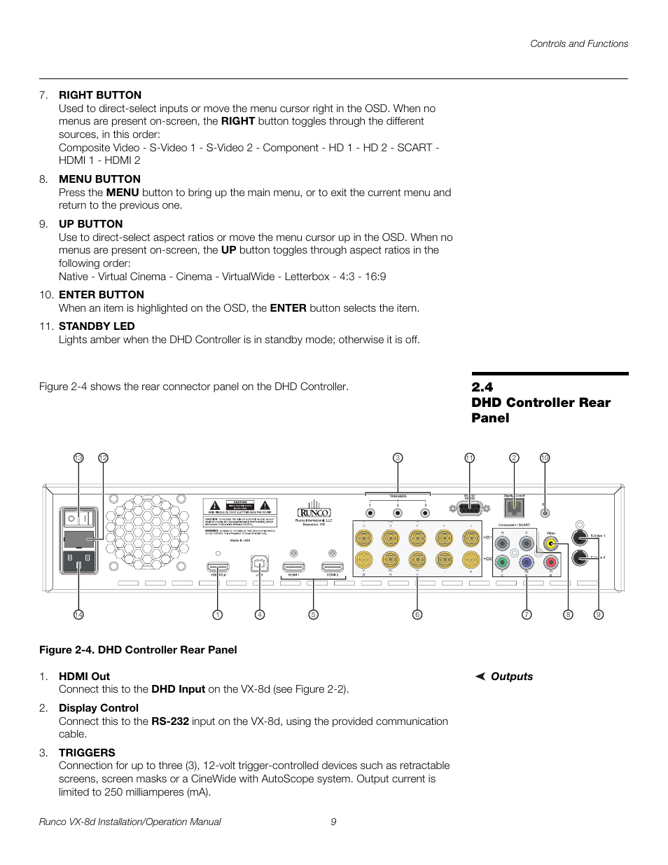 4 dhd controller rear panel, Figure 2-4 . dhd controller rear panel, Outputs | Dhd controller rear panel, 4. dhd controller rear panel, Pre l iminar y | Runco VIDEOXTREME VX-8D User Manual | Page 25 / 108