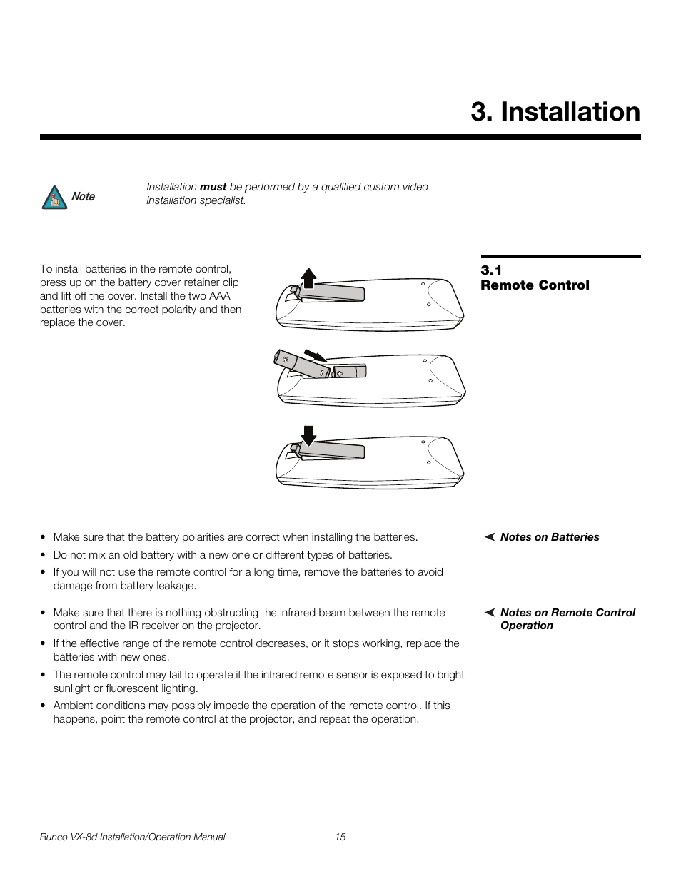 Installation, 1 remote control, Notes on batteries | Notes on remote control operation, Remote control, Pre l iminar y | Runco VIDEOXTREME VX-8D User Manual | Page 31 / 108