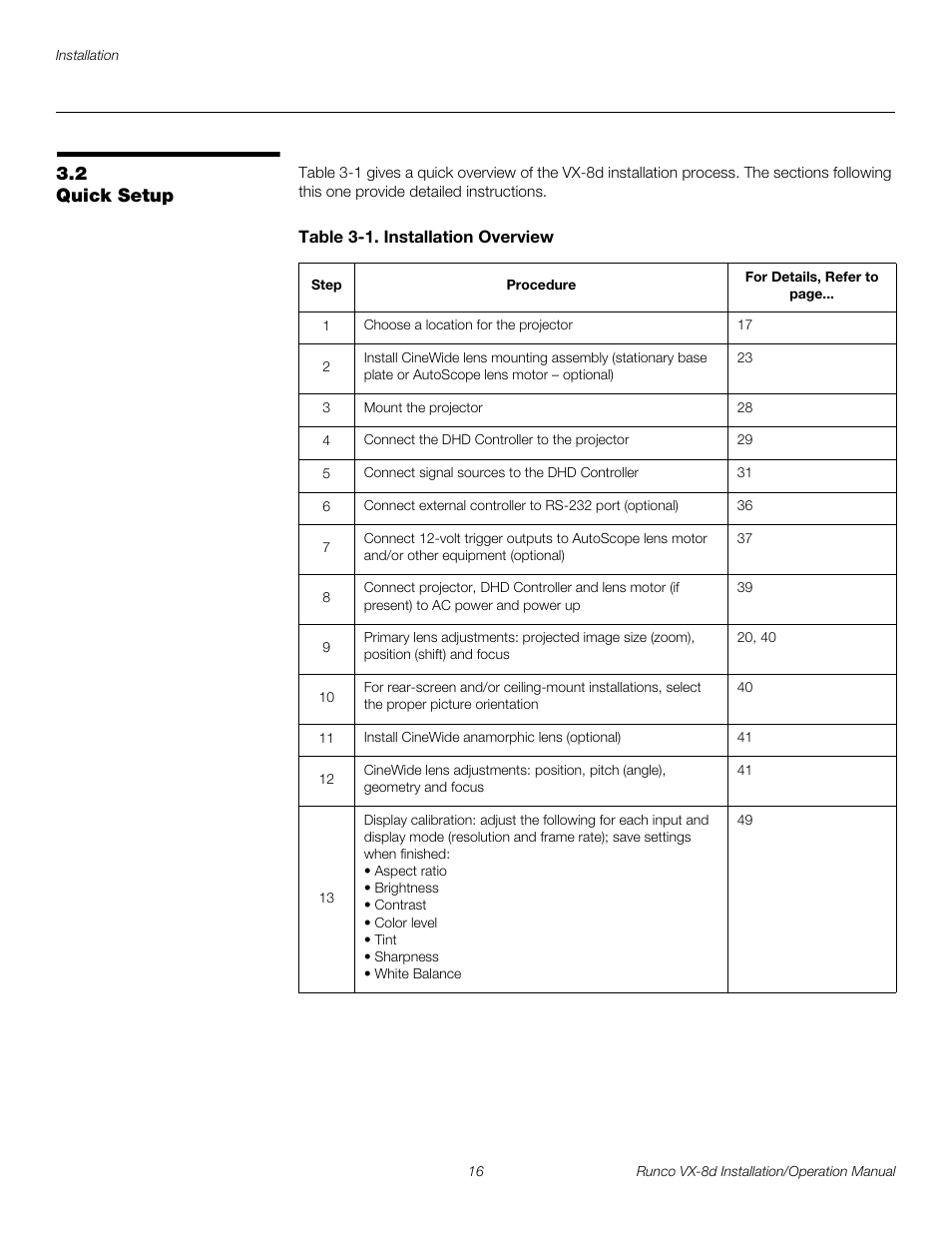 2 quick setup, Table 3-1 . installation overview, Quick setup | Pre l iminar y | Runco VIDEOXTREME VX-8D User Manual | Page 32 / 108