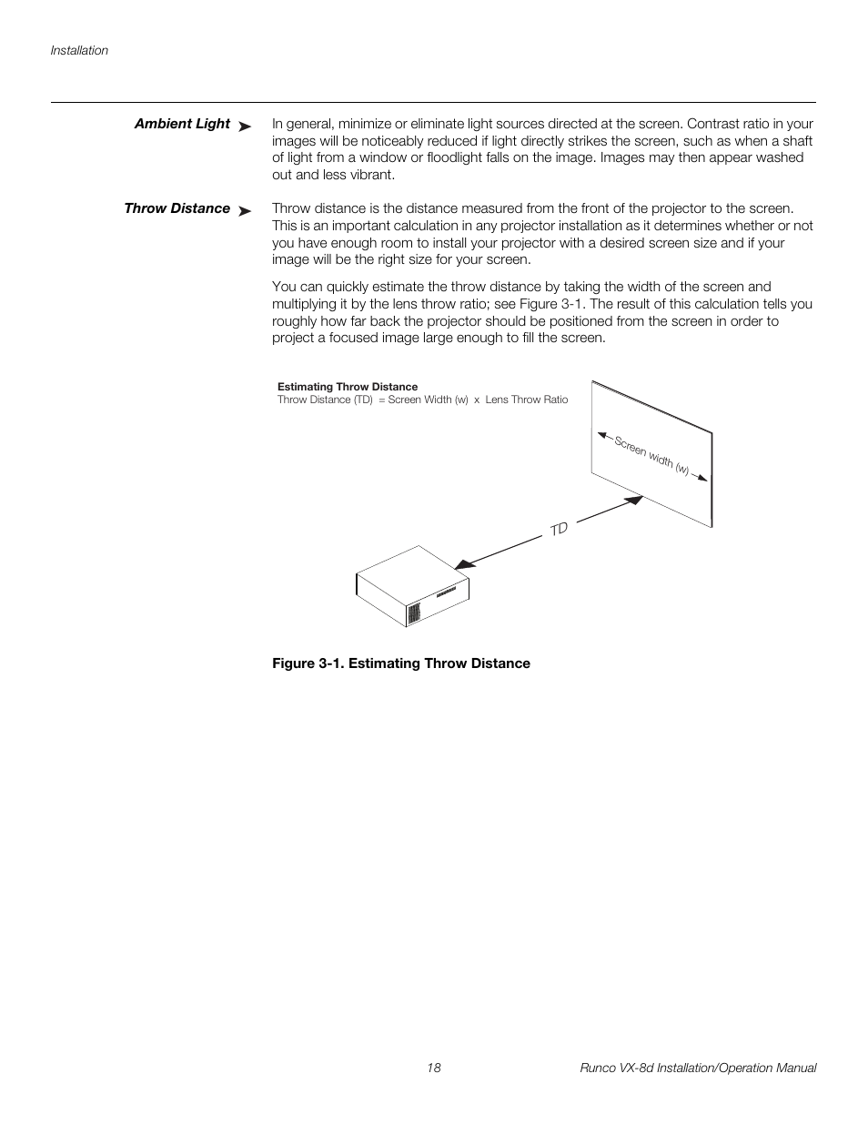 Ambient light, Throw distance, Figure 3-1 . estimating throw distance | 1. estimating throw distance, Pre l iminar y | Runco VIDEOXTREME VX-8D User Manual | Page 34 / 108