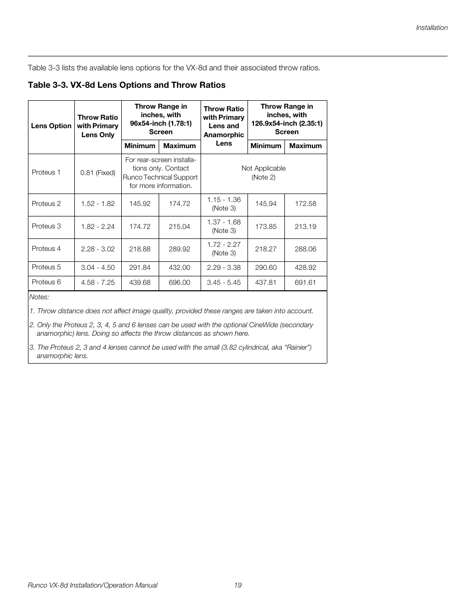 Table 3-3 . vx-8d lens options and throw ratios, Pre l iminar y | Runco VIDEOXTREME VX-8D User Manual | Page 35 / 108