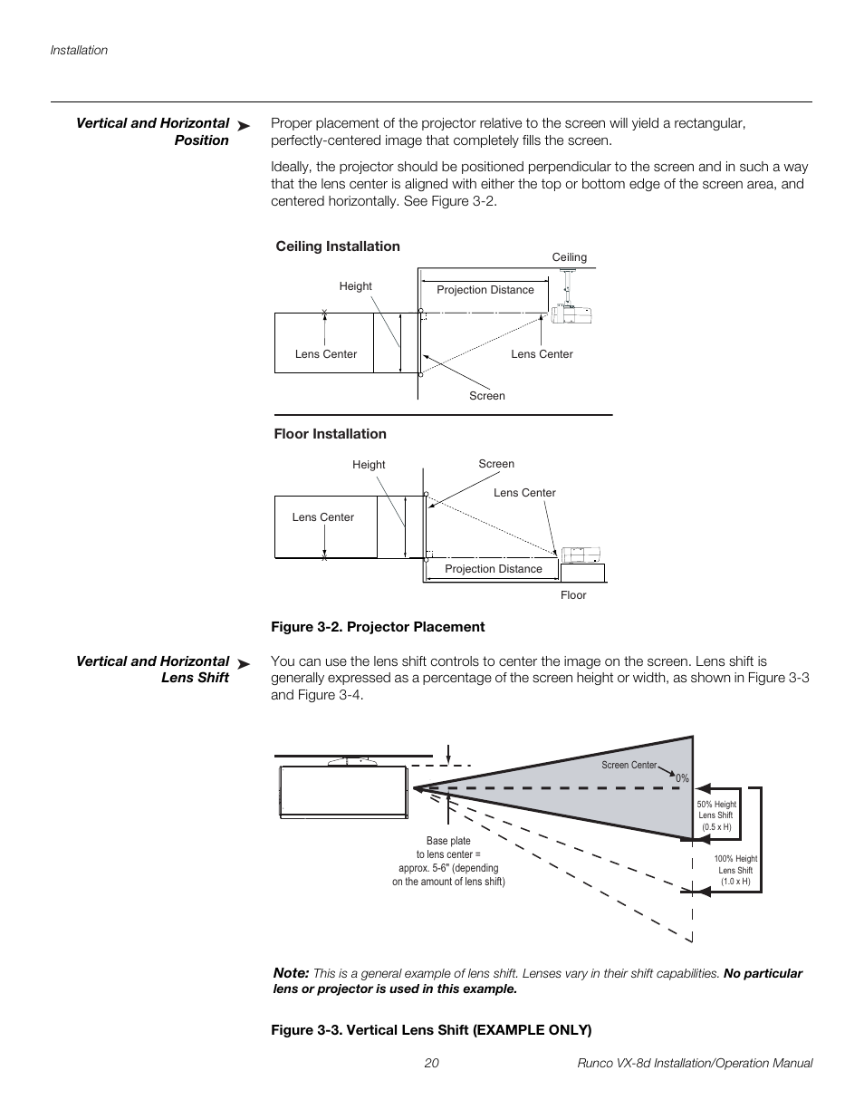 Vertical and horizontal position, Figure 3-2 . projector placement, Vertical and horizontal lens shift | Figure 3-3 . vertical lens shift (example only), 2. projector placement, 3. vertical lens shift (example only), Pre l iminar y | Runco VIDEOXTREME VX-8D User Manual | Page 36 / 108