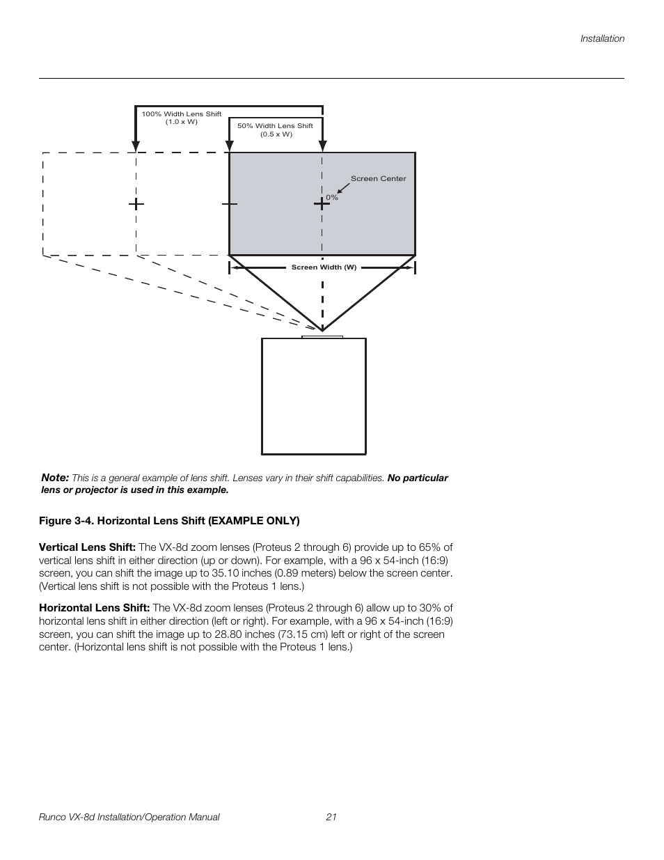 Figure 3-4 . horizontal lens shift (example only), Vertical lens shift, Horizontal lens shift | 4. horizontal lens shift (example only), Figure 3-4, Pre l iminar y | Runco VIDEOXTREME VX-8D User Manual | Page 37 / 108