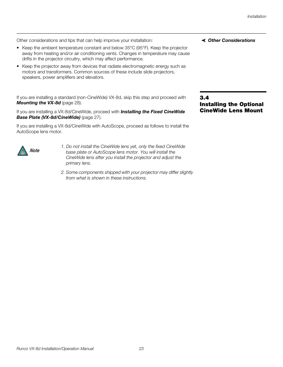 Other considerations, 4 installing the optional cinewide lens mount, Installing the optional cinewide lens mount | Pre l iminar y | Runco VIDEOXTREME VX-8D User Manual | Page 39 / 108