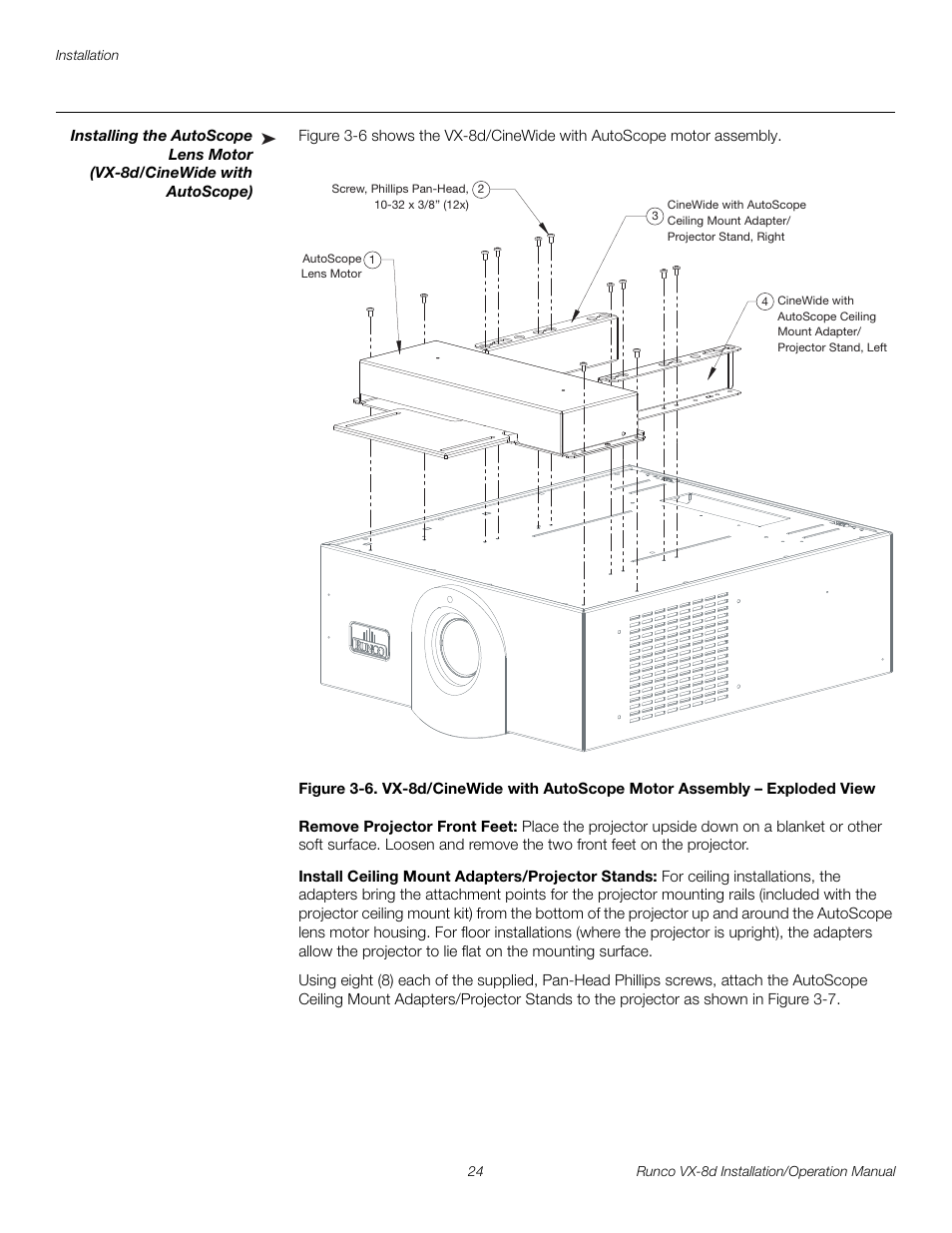 Remove projector front feet, Install ceiling mount adapters/projector stands, Pre l iminar y | Runco VIDEOXTREME VX-8D User Manual | Page 40 / 108