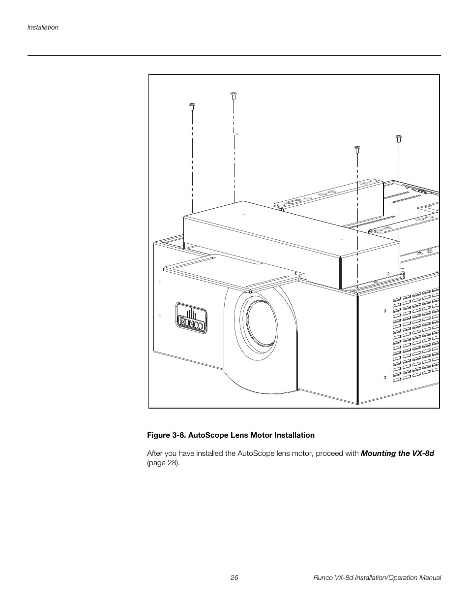 Figure 3-8 . autoscope lens motor installation, 8. autoscope lens motor installation, Pre l iminar y | Runco VIDEOXTREME VX-8D User Manual | Page 42 / 108