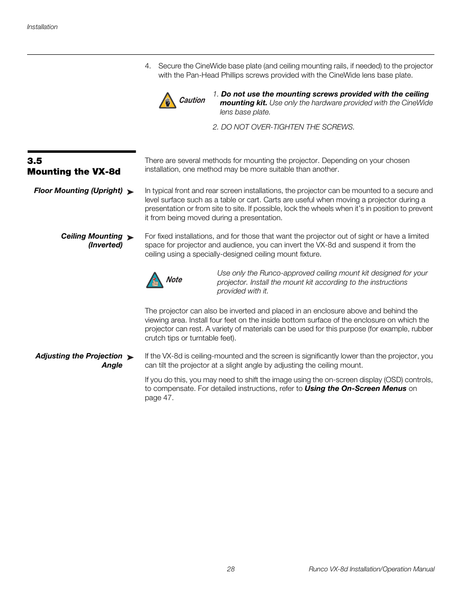 5 mounting the vx-8d, Floor mounting (upright), Ceiling mounting (inverted) | Adjusting the projection angle, Mounting the vx-8d, Pre l iminar y | Runco VIDEOXTREME VX-8D User Manual | Page 44 / 108