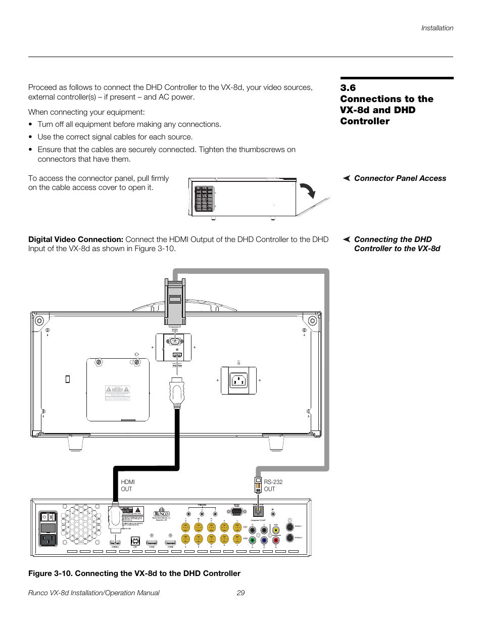 6 connections to the vx-8d and dhd controller, Connector panel access, Connecting the dhd controller to the vx-8d | Digital video connection, Connections to the vx-8d and dhd controller, 10. connecting the vx-8d to the dhd controller, Pre l iminar y | Runco VIDEOXTREME VX-8D User Manual | Page 45 / 108