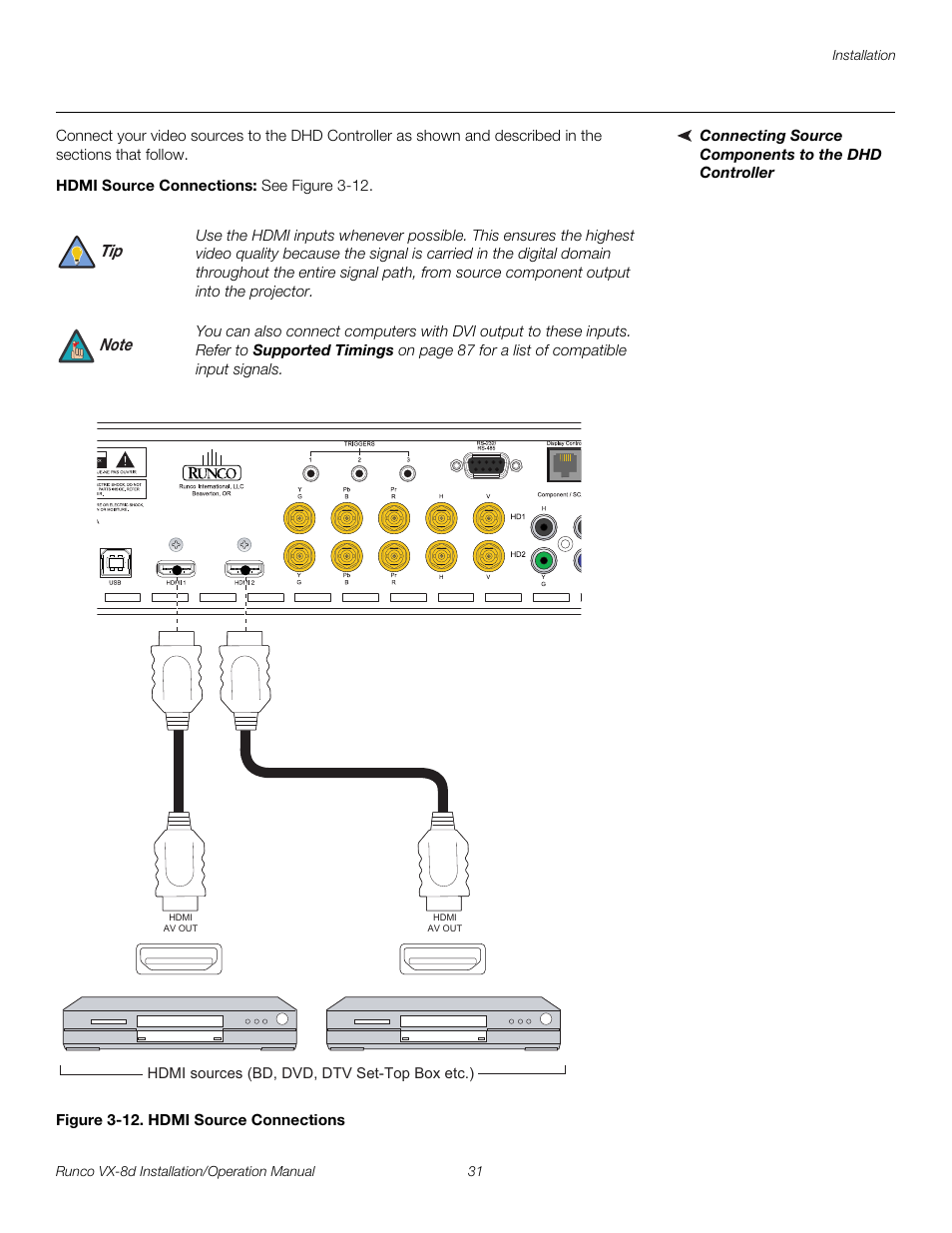 Connecting source components to the dhd controller, Hdmi source connections, Figure 3-12 . hdmi source connections | 12. hdmi source connections, Pre l iminar y | Runco VIDEOXTREME VX-8D User Manual | Page 47 / 108