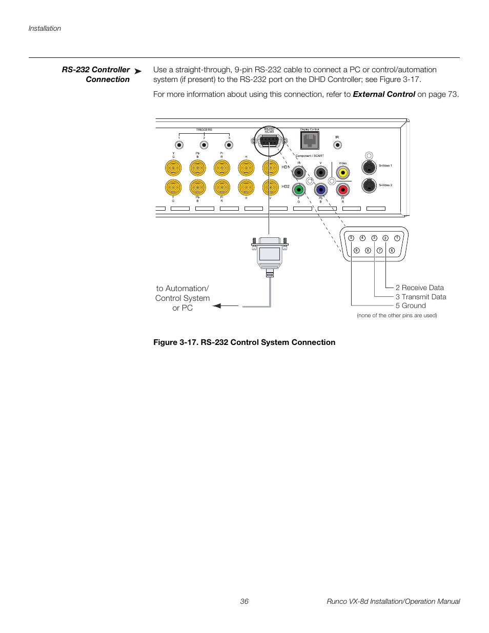 Rs-232 controller connection, Figure 3-17 . rs-232 control system connection, 17. rs-232 control system connection | Pre l iminar y | Runco VIDEOXTREME VX-8D User Manual | Page 52 / 108