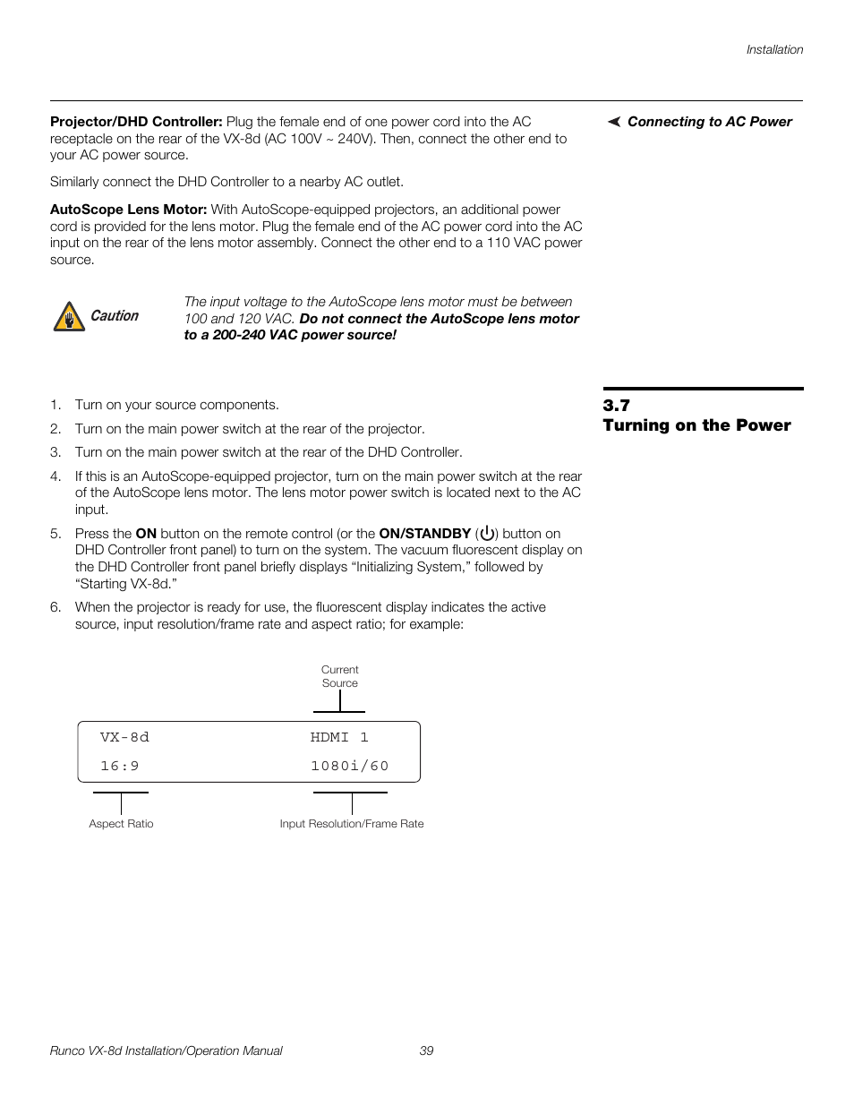 Connecting to ac power, Projector/dhd controller, Autoscope lens motor | 7 turning on the power, Turning on the power, Pre l iminar y | Runco VIDEOXTREME VX-8D User Manual | Page 55 / 108