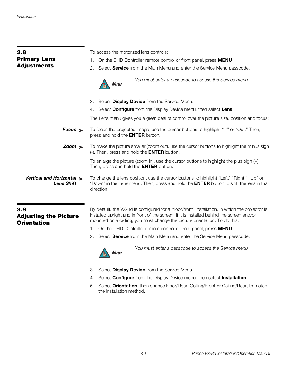 8 primary lens adjustments, Focus, Zoom | Vertical and horizontal lens shift, 9 adjusting the picture orientation, Iminar, Primary lens adjustments, Adjusting the picture orientation, Pre l iminar y | Runco VIDEOXTREME VX-8D User Manual | Page 56 / 108