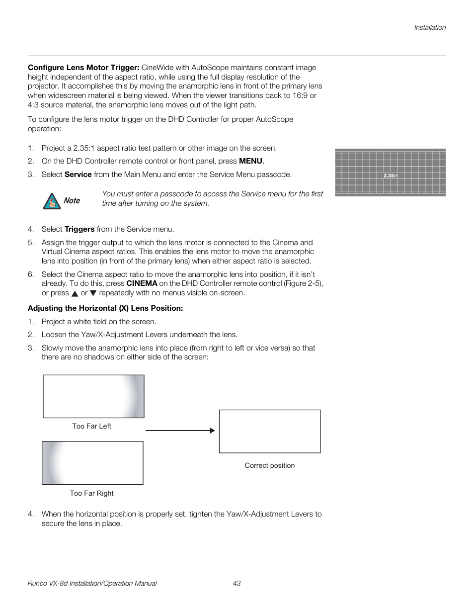 Configure lens motor trigger, Adjusting the horizontal (x) lens position, Pre l iminar y | Runco VIDEOXTREME VX-8D User Manual | Page 59 / 108