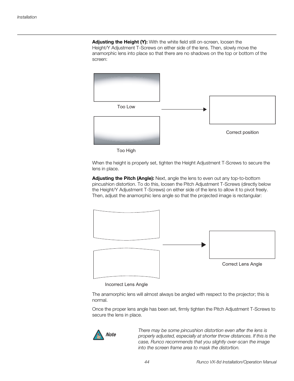 Adjusting the height (y), Adjusting the pitch (angle), Pre l iminar y | Runco VIDEOXTREME VX-8D User Manual | Page 60 / 108