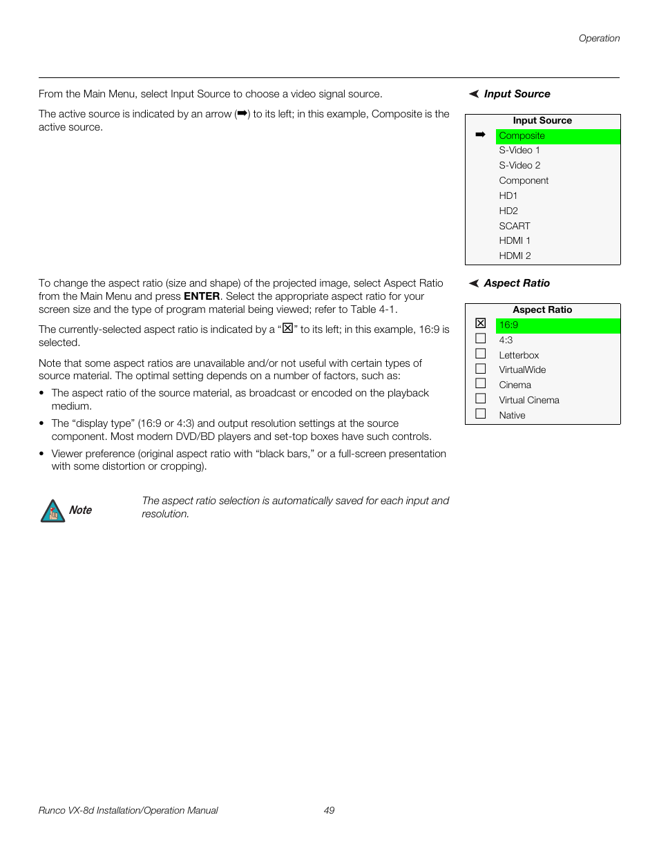 Input source, Aspect ratio, Pre l iminar y | Runco VIDEOXTREME VX-8D User Manual | Page 65 / 108