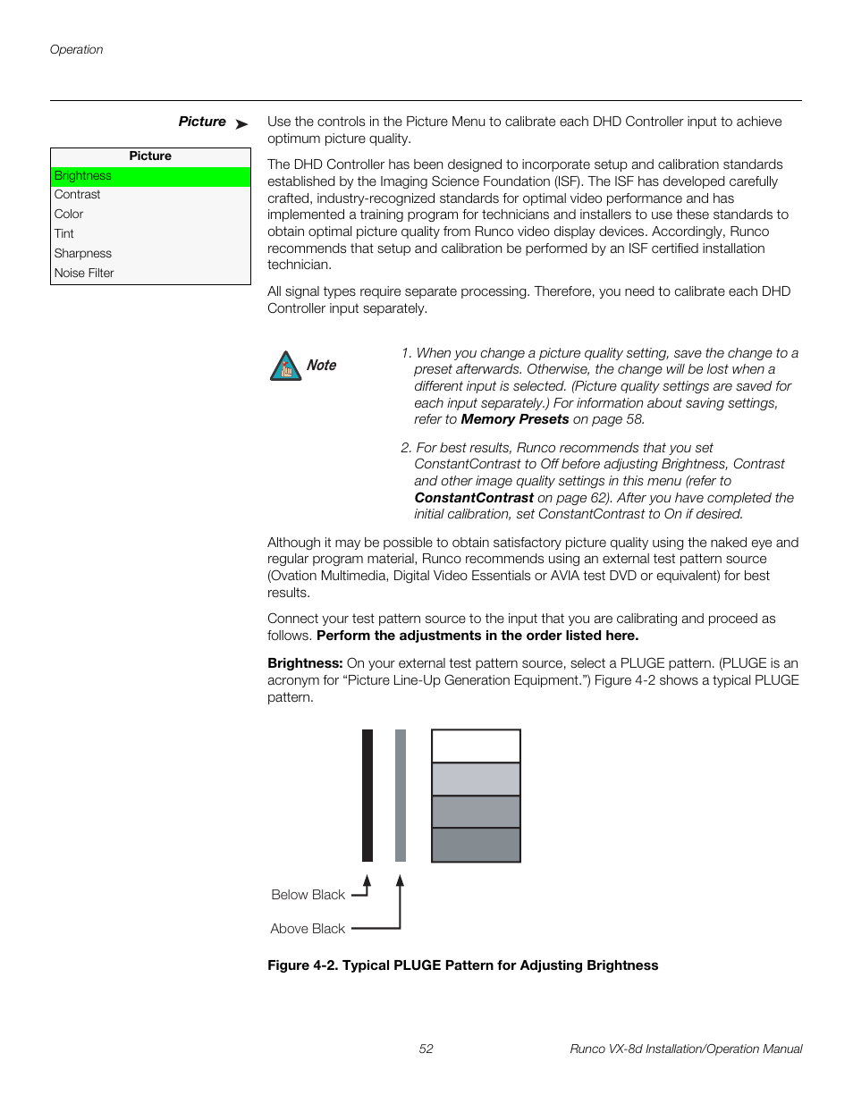 Picture, Brightness, 2. typical pluge pattern for adjusting brightness | Pre l iminar y | Runco VIDEOXTREME VX-8D User Manual | Page 68 / 108