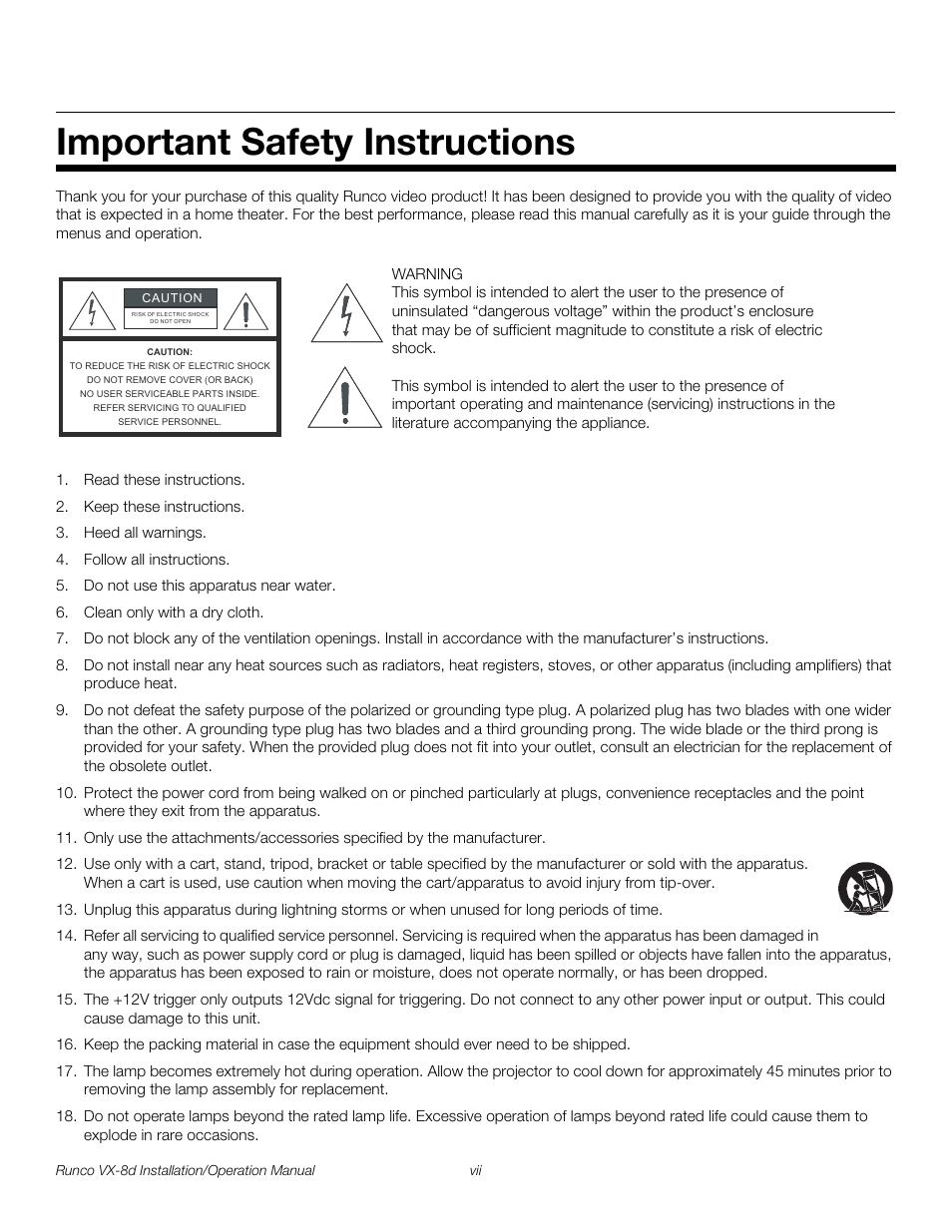 Important safety instructions, Pre l iminar y | Runco VIDEOXTREME VX-8D User Manual | Page 7 / 108