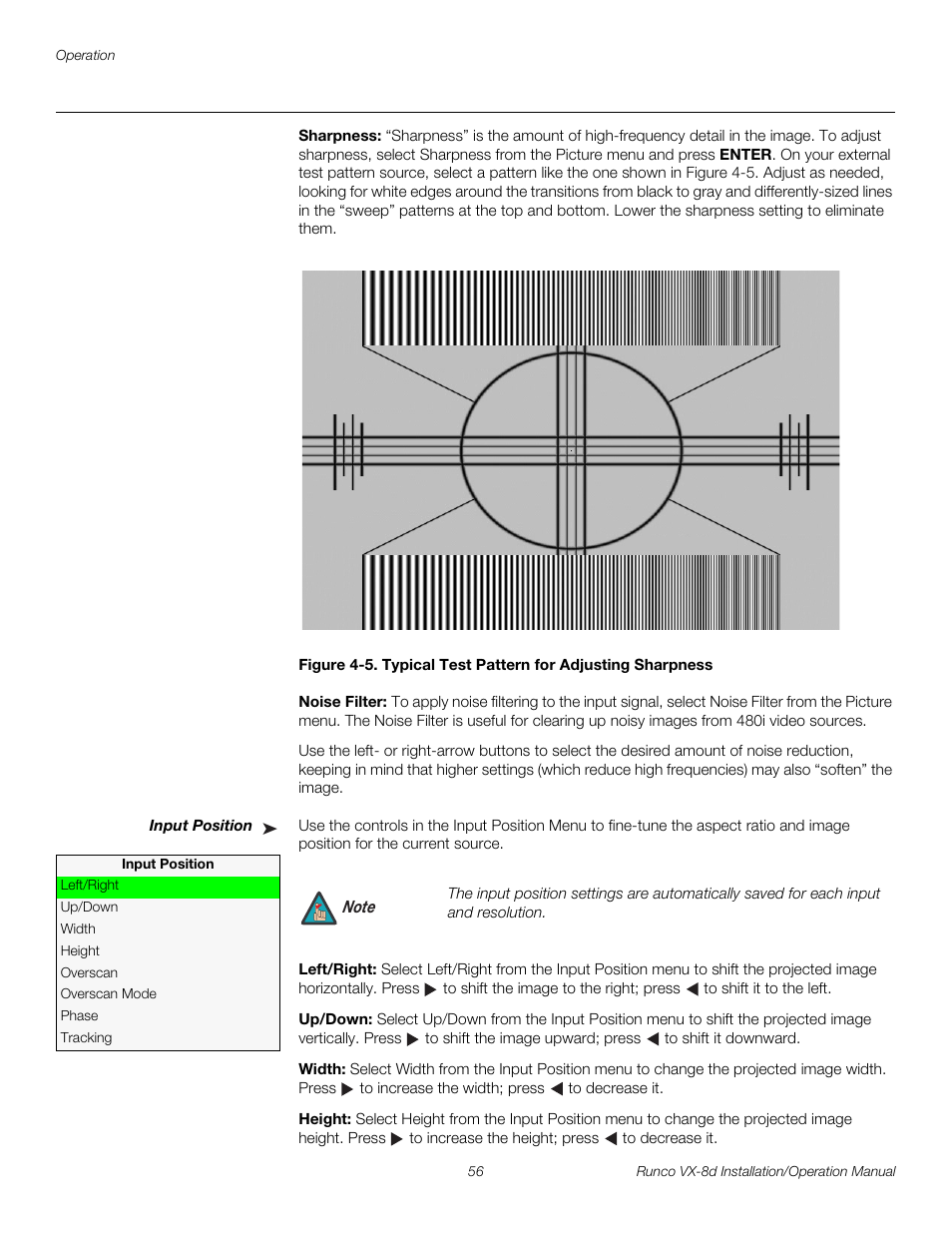 Sharpness, Noise filter, Input position | Left/right, Up/down, Width, Height, 5. typical test pattern for adjusting sharpness, Pre l iminar y | Runco VIDEOXTREME VX-8D User Manual | Page 72 / 108