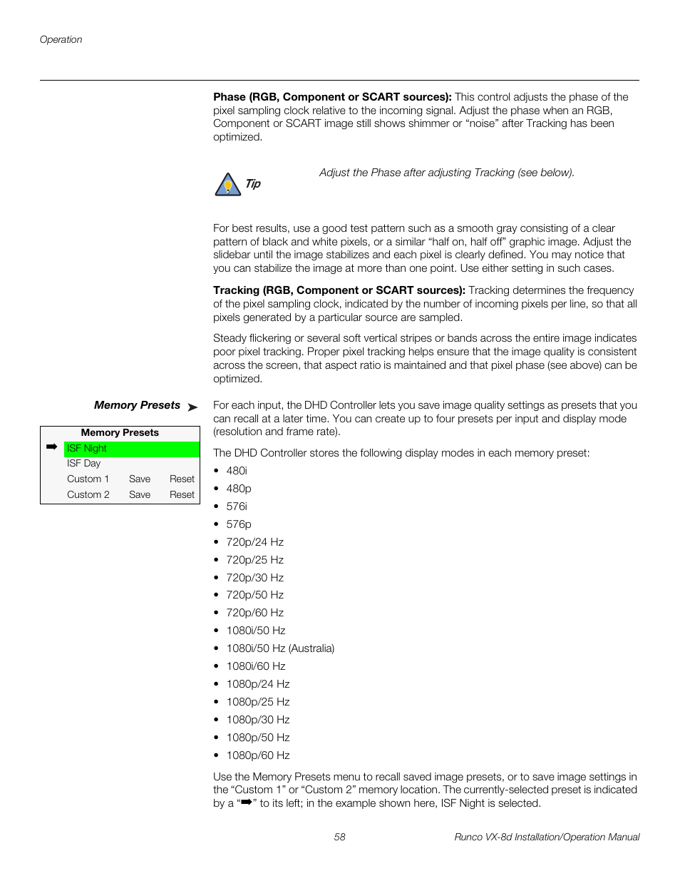 Phase (rgb, component or scart sources), Tracking (rgb, component or scart sources), Memory presets | Pre l iminar y | Runco VIDEOXTREME VX-8D User Manual | Page 74 / 108