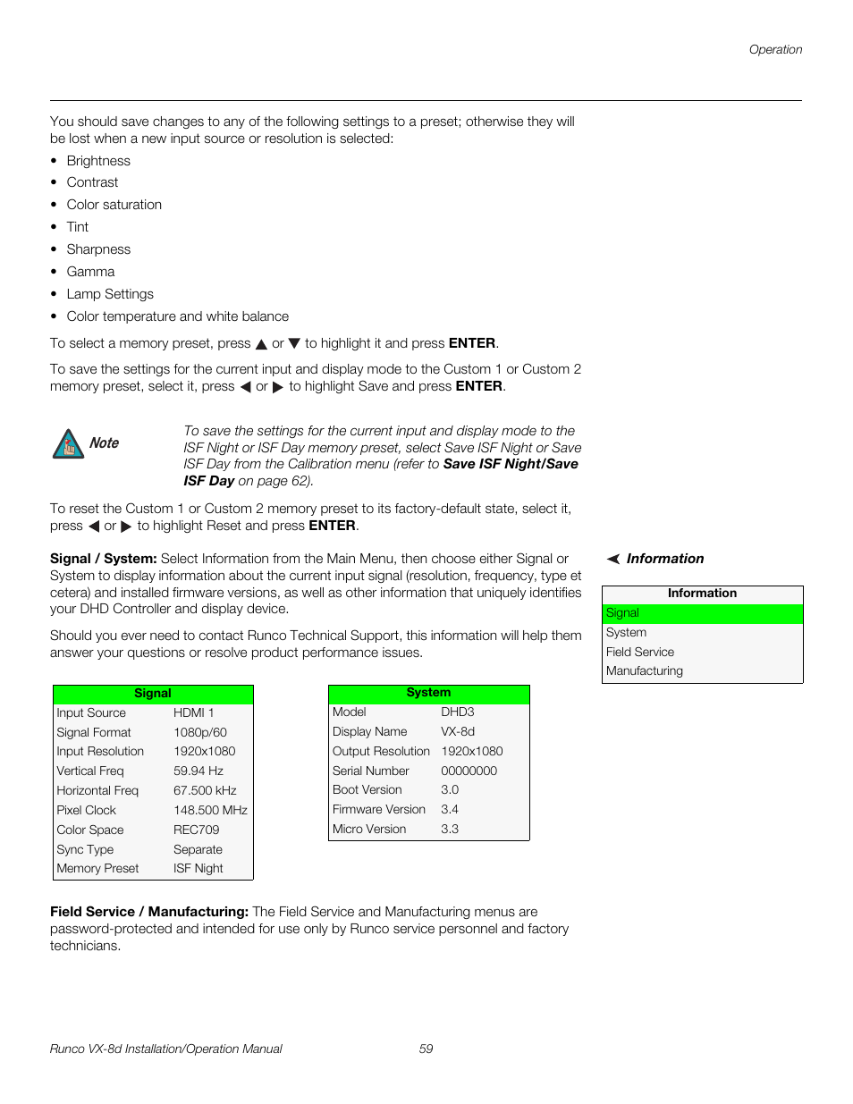 Information, Signal / system, Field service / manufacturing | Pre l iminar y | Runco VIDEOXTREME VX-8D User Manual | Page 75 / 108