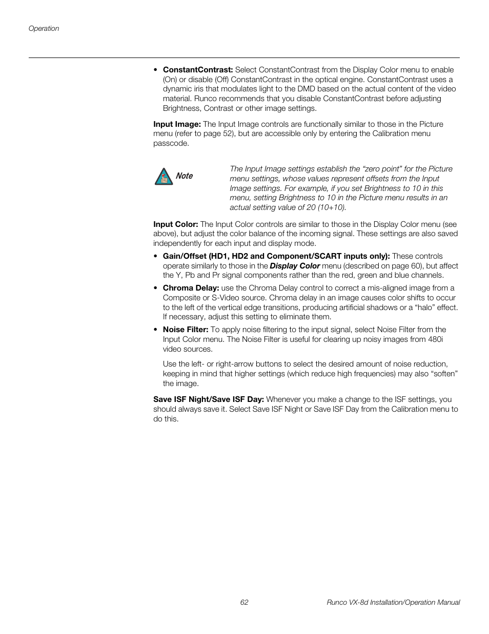 Input image, Input color, Save isf night/save isf day | Constantcontrast, Bration, set constantcontrast, Pre l iminar y | Runco VIDEOXTREME VX-8D User Manual | Page 78 / 108