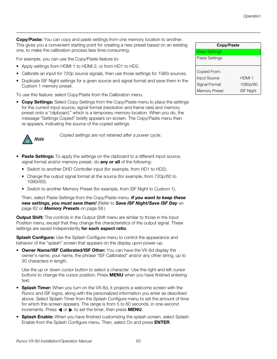 Copy/paste, Output shift, Splash configure | Pre l iminar y | Runco VIDEOXTREME VX-8D User Manual | Page 79 / 108
