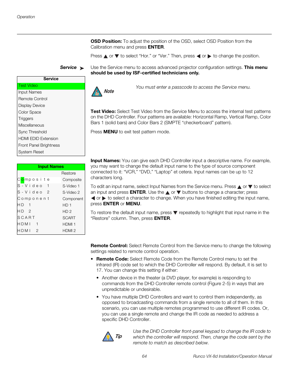 Osd position, Service, Test video | Input names, Remote control, Iminar, Service fro, E service, Pre l iminar y | Runco VIDEOXTREME VX-8D User Manual | Page 80 / 108