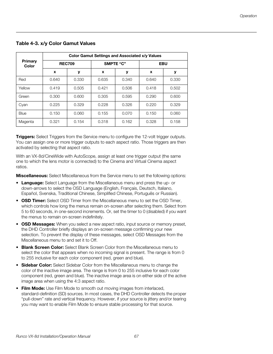 Table 4-3 . x/y color gamut values, Triggers, Miscellaneous | Table 4-3, Pre l iminar y | Runco VIDEOXTREME VX-8D User Manual | Page 83 / 108