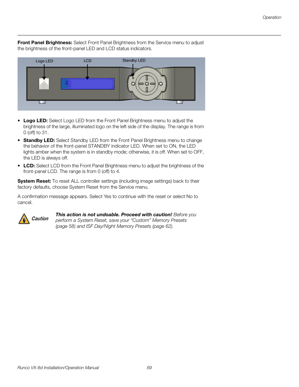 Front panel brightness, System reset, Pre l iminar y | Runco VIDEOXTREME VX-8D User Manual | Page 85 / 108