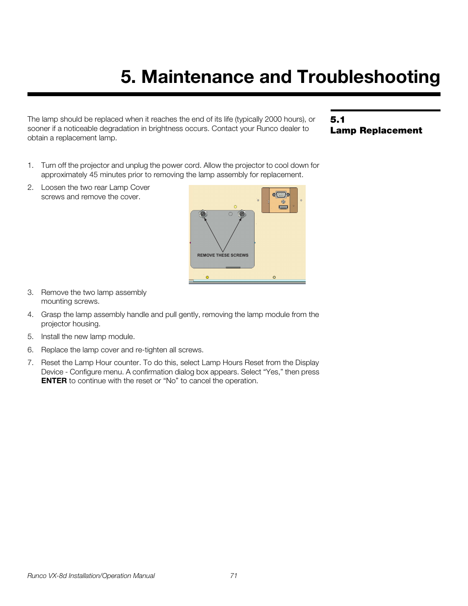 Maintenance and troubleshooting, 1 lamp replacement, Lamp replacement | Lamp, Pre l iminar y | Runco VIDEOXTREME VX-8D User Manual | Page 87 / 108