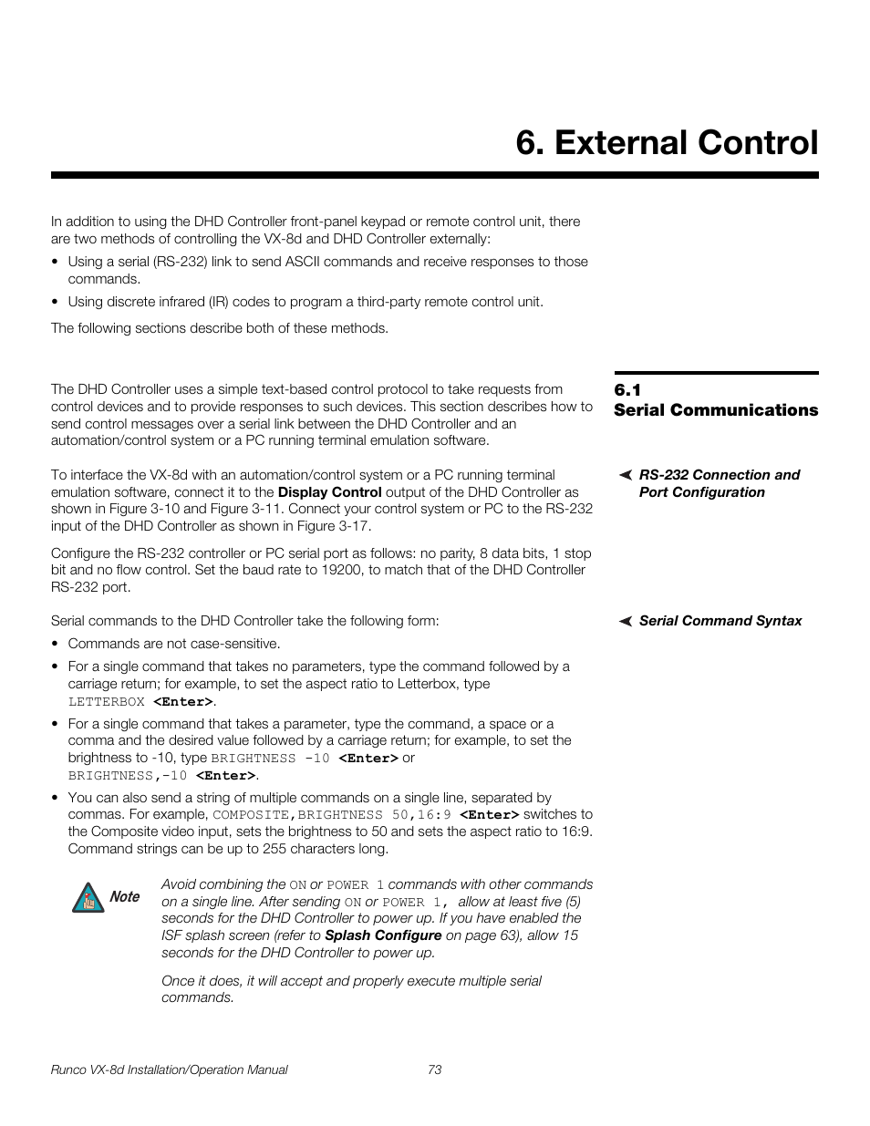 External control, 1 serial communications, Rs-232 connection and port configuration | Serial command syntax, Serial communications, Pre l iminar y | Runco VIDEOXTREME VX-8D User Manual | Page 89 / 108