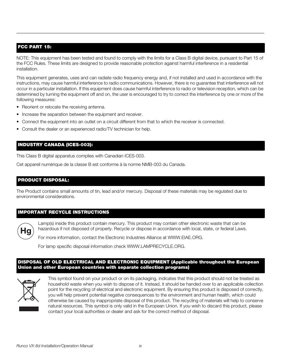 Pre l iminar y | Runco VIDEOXTREME VX-8D User Manual | Page 9 / 108