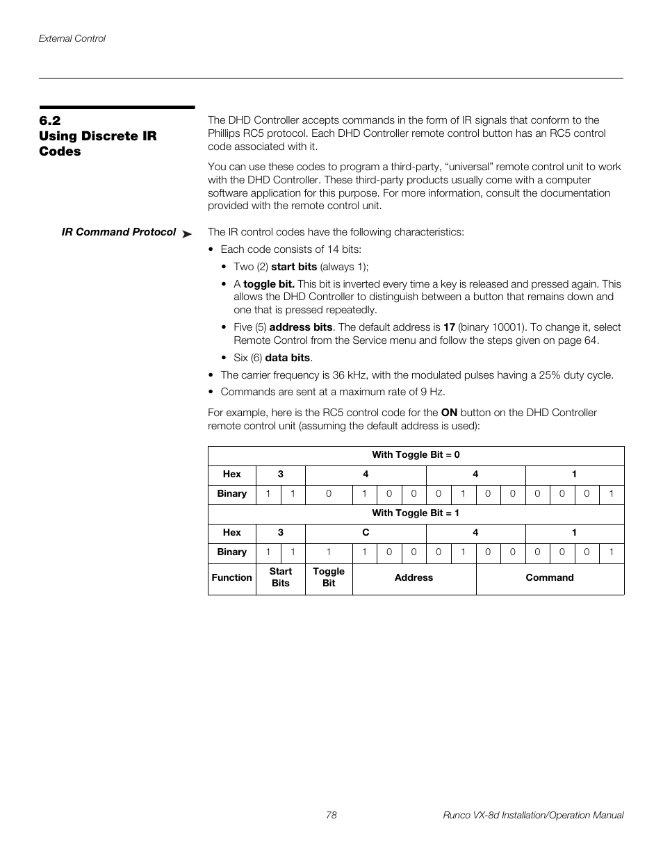 2 using discrete ir codes, Ir command protocol, Using discrete ir codes | Pre l iminar y | Runco VIDEOXTREME VX-8D User Manual | Page 94 / 108