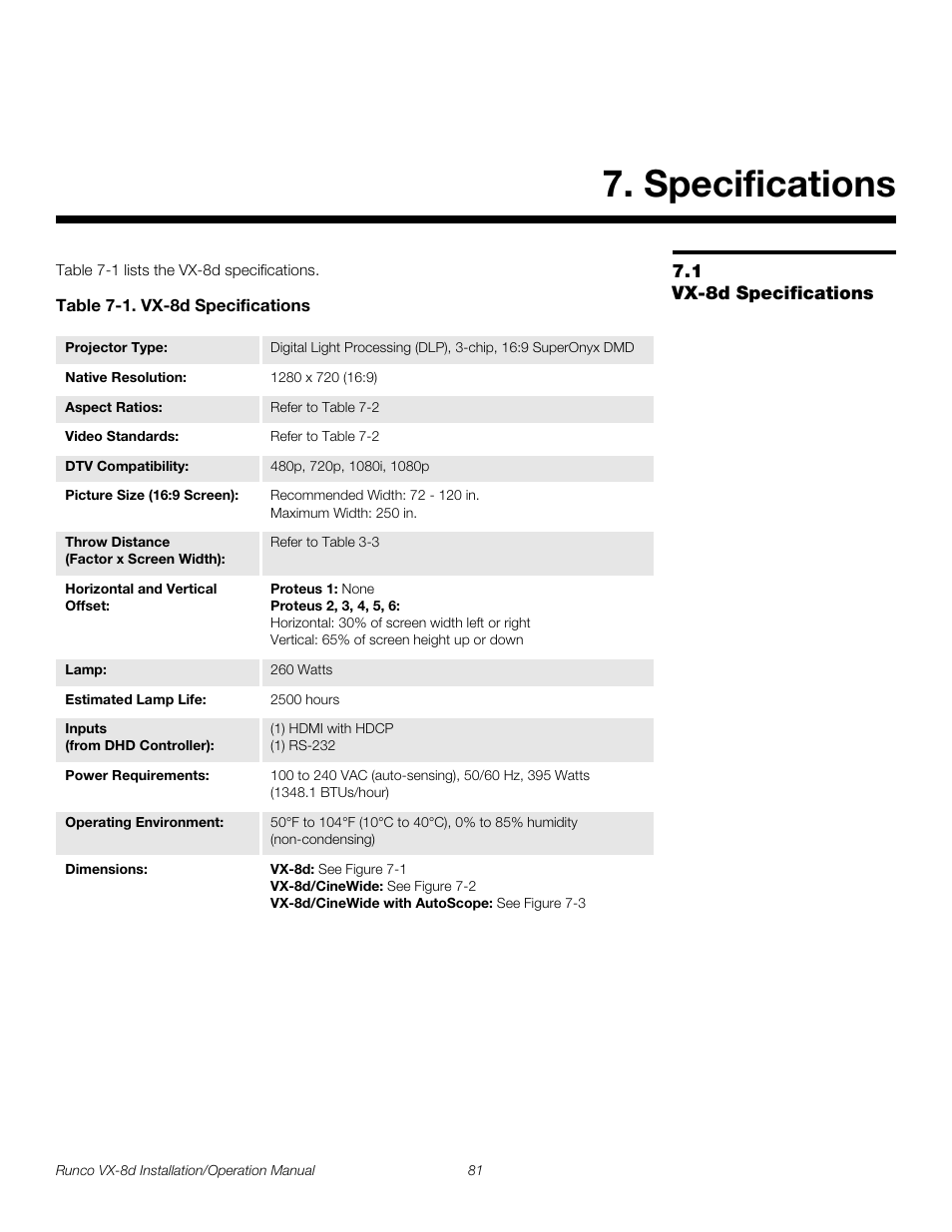 Specifications, 1 vx-8d specifications, Table 7-1 . vx-8d specifications | Vx-8d specifications, Pre l iminar y | Runco VIDEOXTREME VX-8D User Manual | Page 97 / 108