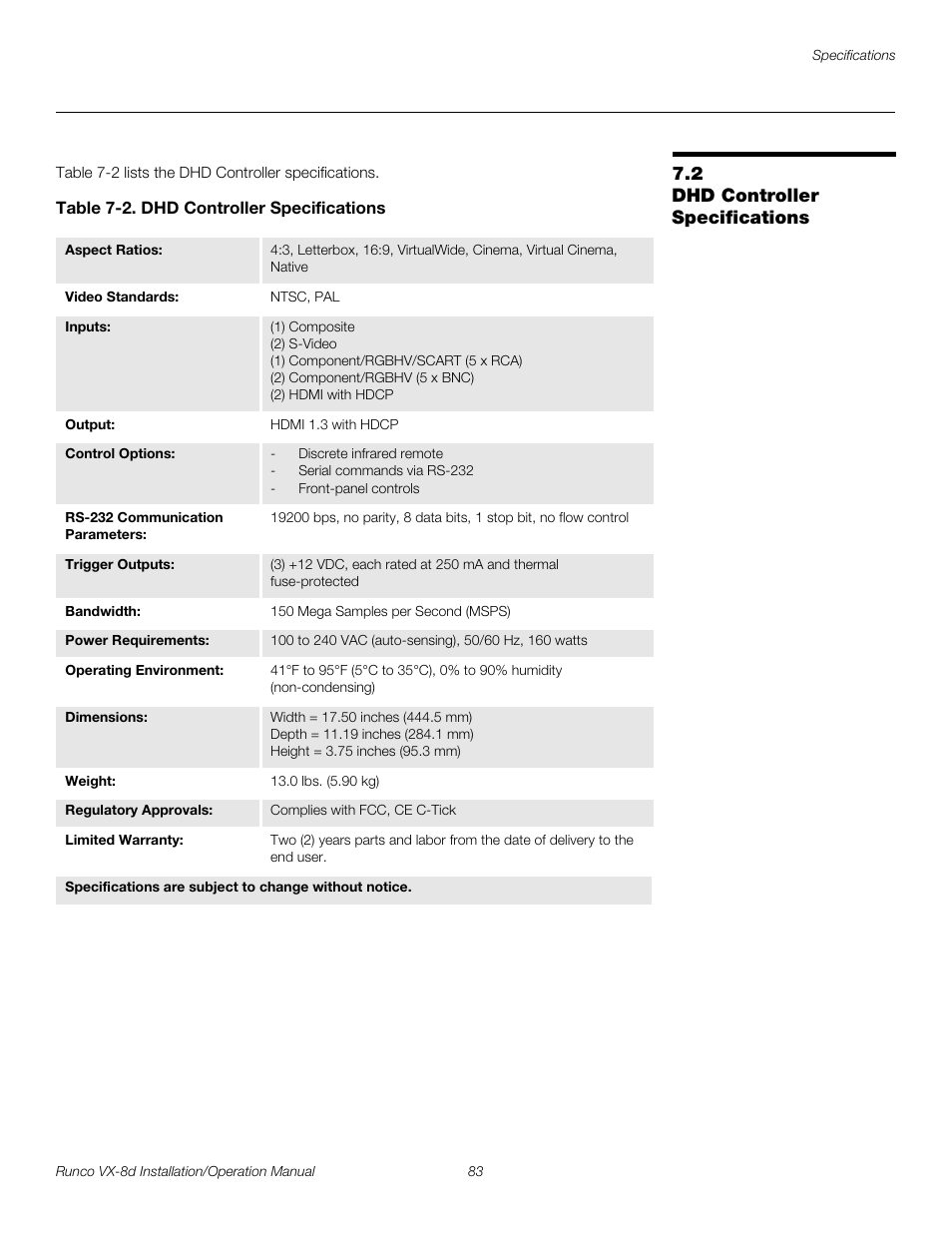 2 dhd controller specifications, Table 7-2 . dhd controller specifications, Dhd controller specifications | Table 7-2, Pre l iminar y | Runco VIDEOXTREME VX-8D User Manual | Page 99 / 108