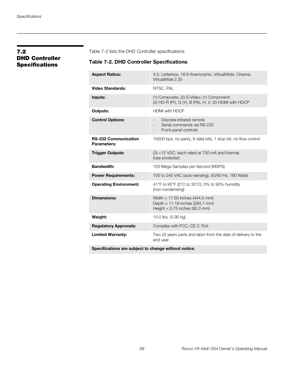 2 dhd controller specifications, Table 7-2 . dhd controller specifications, Dhd controller specifications | Table 7-2, Pre l iminar y | Runco 1080p User Manual | Page 110 / 114