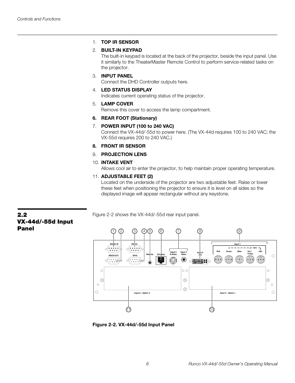 2 vx-44d/-55d input panel, Figure 2-2 . vx-44d/-55d input panel, Iminar | Vx-44d/-55d input panel, 2. vx-44d/-55d input panel, Pre l iminar y | Runco 1080p User Manual | Page 18 / 114