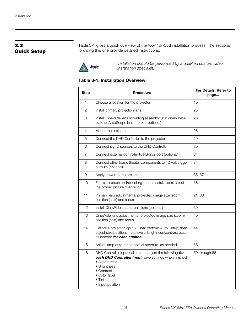 2 quick setup, Table 3-1 . installation overview, Quick setup | Pre l iminar y | Runco 1080p User Manual | Page 30 / 114