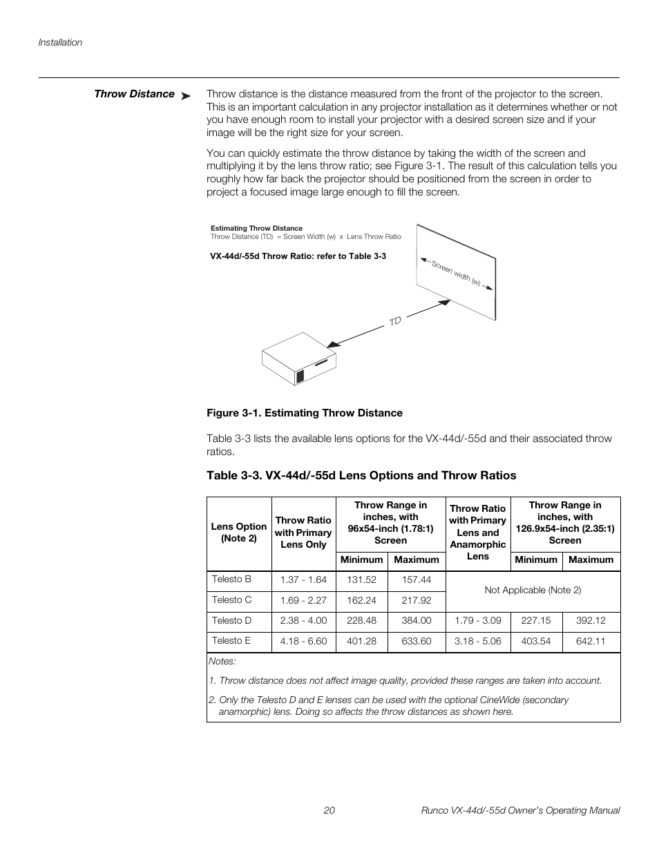 Throw distance, Figure 3-1 . estimating throw distance, 1. estimating throw distance | Pre l iminar y | Runco 1080p User Manual | Page 32 / 114