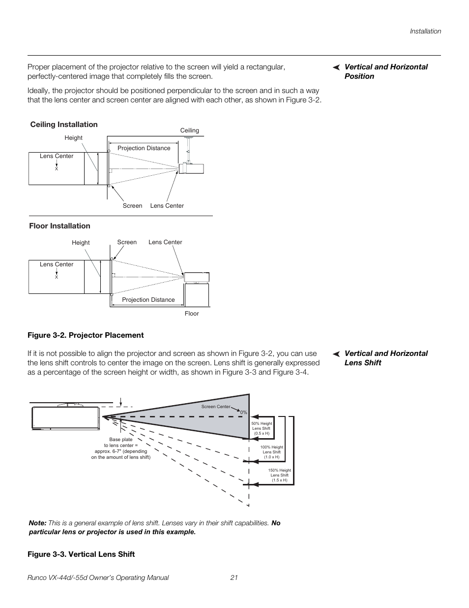 Vertical and horizontal position, Figure 3-2 . projector placement, Vertical and horizontal lens shift | Figure 3-3 . vertical lens shift, 2. projector placement, 3. vertical lens shift, Pre l iminar y | Runco 1080p User Manual | Page 33 / 114