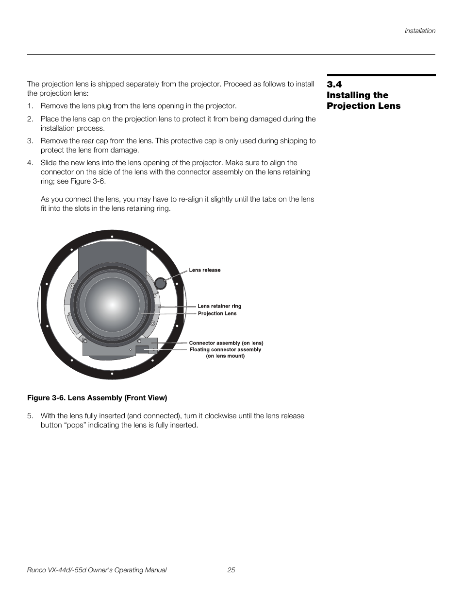 4 installing the projection lens, Figure 3-6 . lens assembly (front view), Installing the projection lens | 6. lens assembly (front view), Pre l iminar y | Runco 1080p User Manual | Page 37 / 114